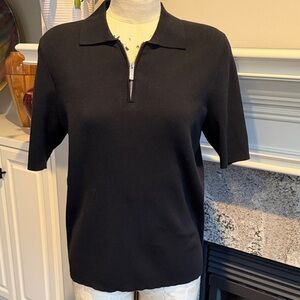 Saks Fifth Ave Black Short Sleeve Zip Polo Sweater